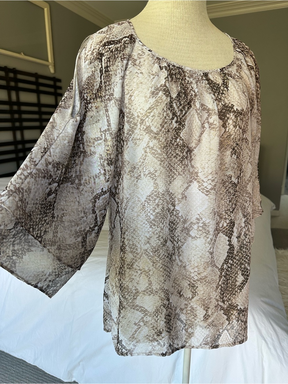 Chico's Snake Print Sheer Blouse in Taupe and Beige size medium (1)